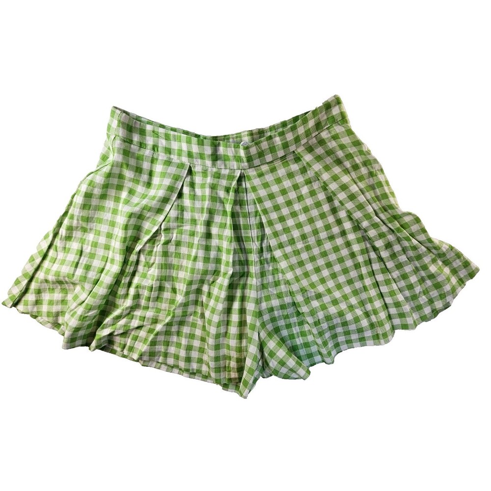 ZARA Shorts Womens Large Linen Blend Green White Gingham Check High Waist Summer